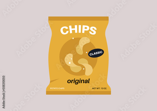 A plastic bag of Classic potato chips, original taste, unhealthy snacks