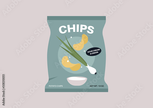 A plastic bag of potato chips with sour cream and onion, unhealthy snacks