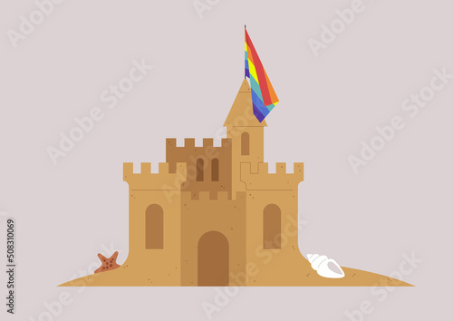 A sand castle with a rainbow flag, a sea shell and a star, LGBTQ+ people rights