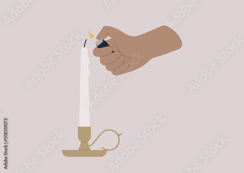 A hand lighting a candle in a candlestick with a lighter
