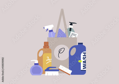 A set of cleaning products, sprays, detergents, soap, and brushes, a supermarket purchase