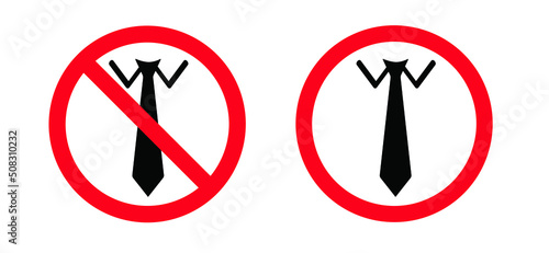 Stop no tie. Cartoon vector necktie prohibition. Red circle, No business style of dress ban. Dress code. Danger of strangulation, warning and risk of strangulation when wearing ties, pendants, scarves