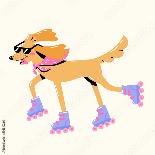 Cute cartoon dog in sunglasses roller skating