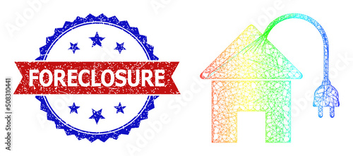 Mesh net electric house frame icon with rainbow gradient, and bicolor dirty Foreclosure seal stamp. Red badge contains Foreclosure tag inside blue rosette. Bright frame net electric house icon.