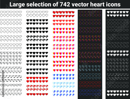Large selection of 742 vector icons of different hearts for devices