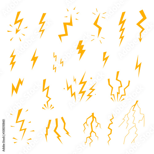 Vector cartoon lightnings and thunder icon set flat design isolated