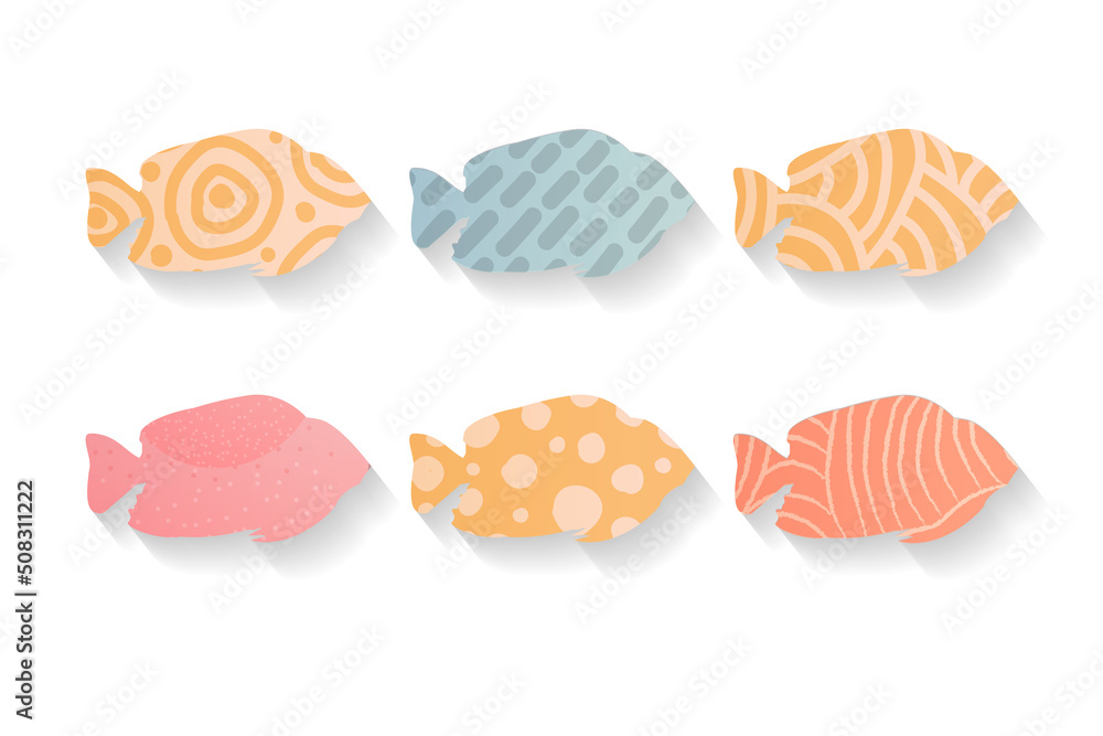 A Set of colored fish icons. Abstract design or decorative element A Set of colored fish icons. Abstract design or decorative element
