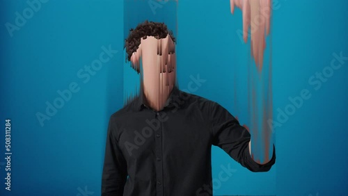 Scared man touching invisible cyberspace wall glitch connection bad signal effect motion graphic metaverse concept