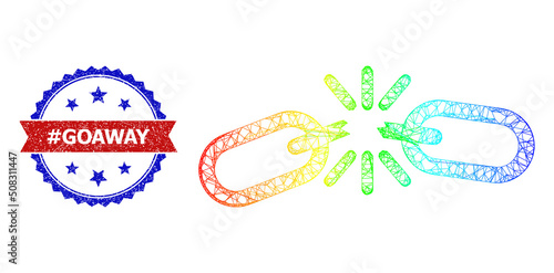 Mesh net chain fail carcass icon with spectral gradient, and bicolor rubber #Goaway watermark. Red stamp seal contains #Goaway title inside blue rosette. Vibrant carcass mesh chain fail icon.