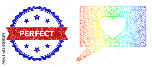 Network love talk model icon with rainbow gradient, and bicolor unclean Perfect seal. Red seal contains Perfect tag inside blue rosette. Colorful carcass mesh love talk icon.
