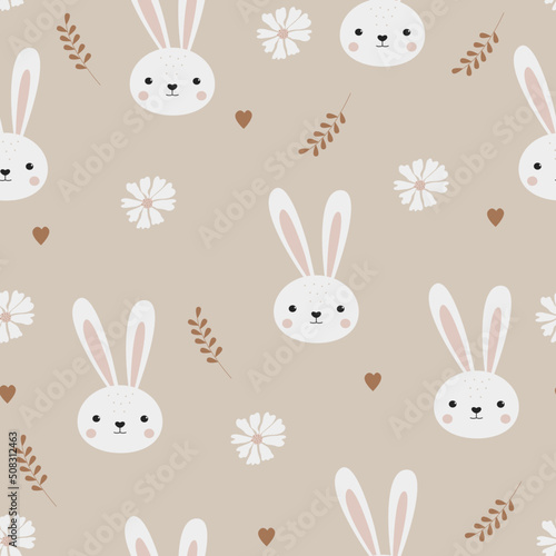 Cute cartoon rabbits with flowers seamless pattern. Baby print in Scandinavian style. Funny animals. Bunnies on a beige background. Design nursery textiles  packaging  wallpaper in pastel colors. Kids