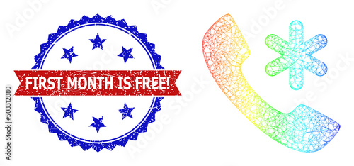 Crossing mesh cold call frame illustration with spectral gradient, and bicolor rubber First Month Is Free! seal stamp. Red stamp seal includes First Month Is Free! title inside blue rosette.
