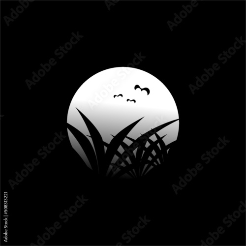 Vector image of night with big white moon, black grass shadow and night bird shadow
