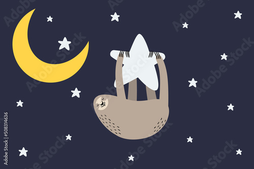 Cute cartoon lazy sloth sleeping and hanging on a star with stars and crescent moon. Vector illustration.	