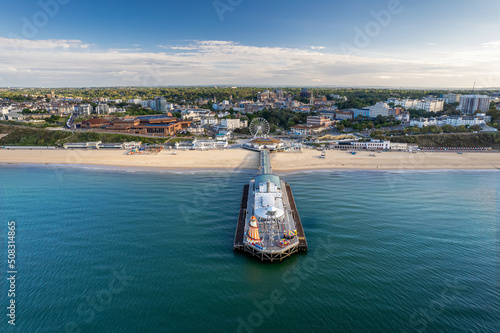 Valokuva The drone aerial view  of the Bournemouth beach, Observation Wheel and Pier