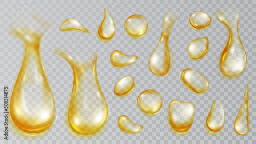Set of realistic translucent water drops in yellow colors in various shape and size, isolated on transparent background. Transparency only in vector format