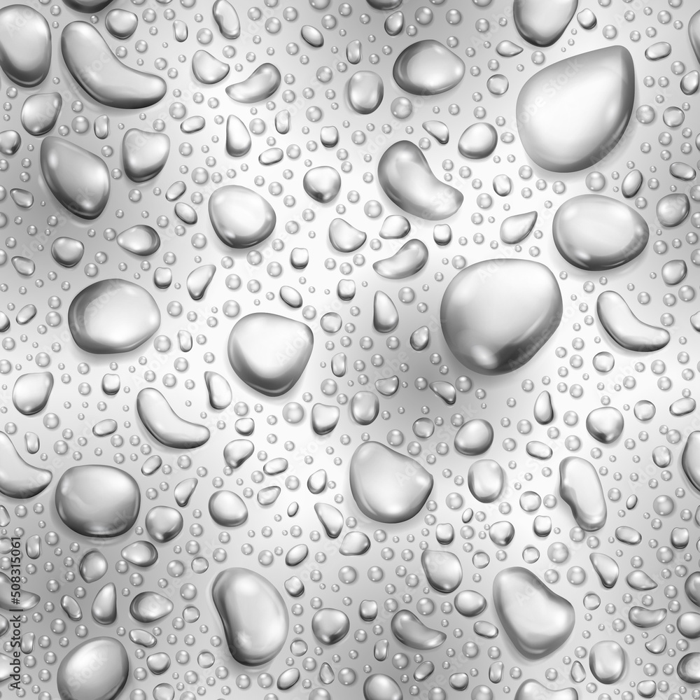Seamless pattern of big and small realistic water drops in gray colors