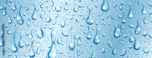 Background of big and small realistic water drops in light blue colors
