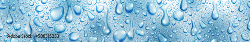 Banner of big and small realistic water drops in light blue colors, with seamless horizontal repetition