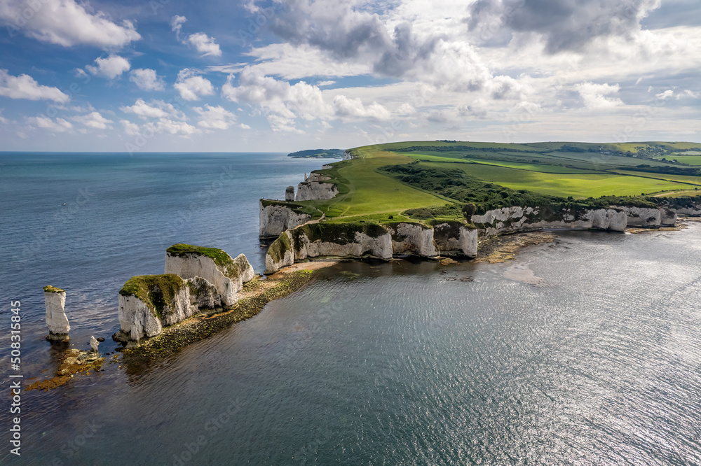 The drone aerial view of Old Harry Rocks. Old Harry Rocks are three ...