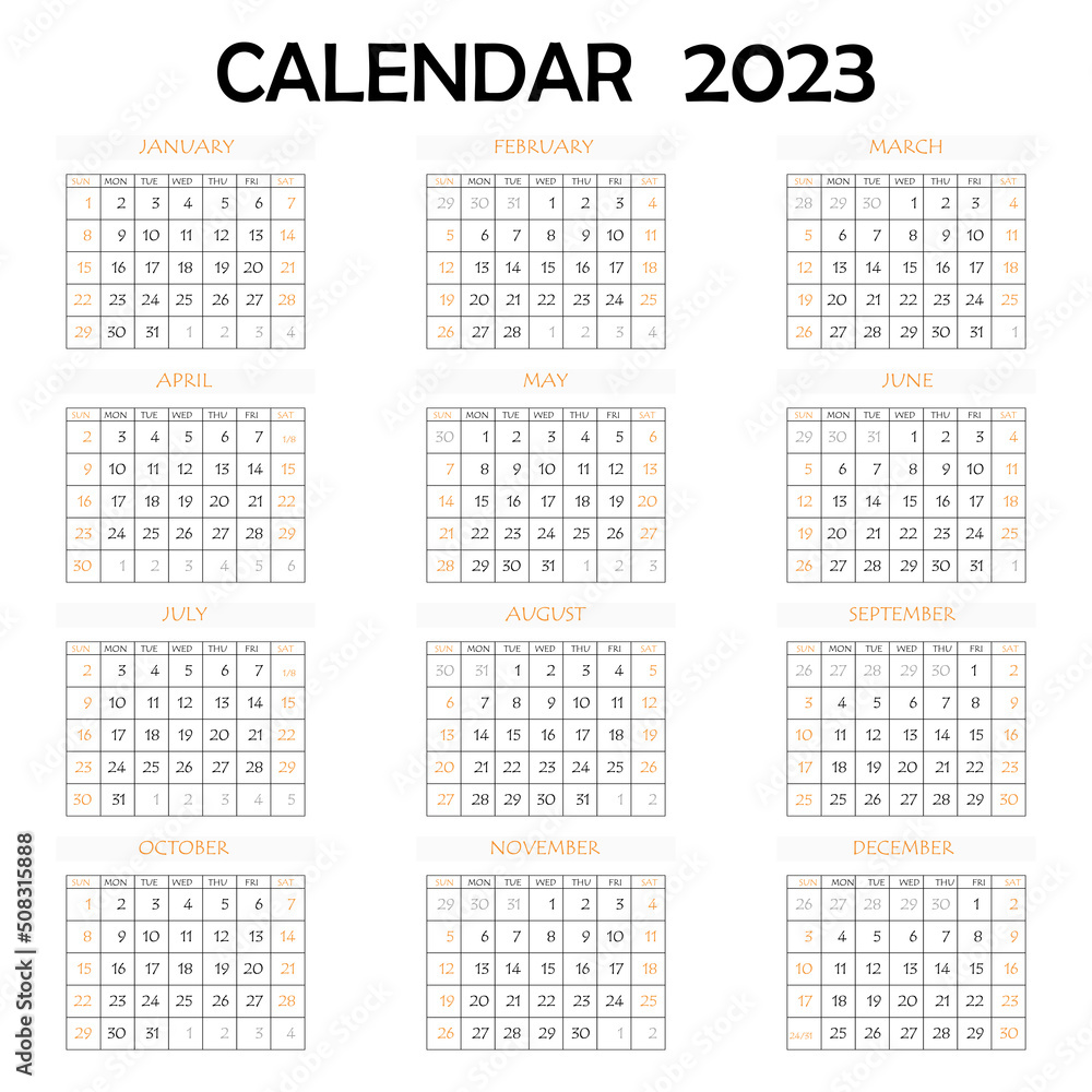 2023 Calendar Planner Corporate Week Template Layout 12 Months