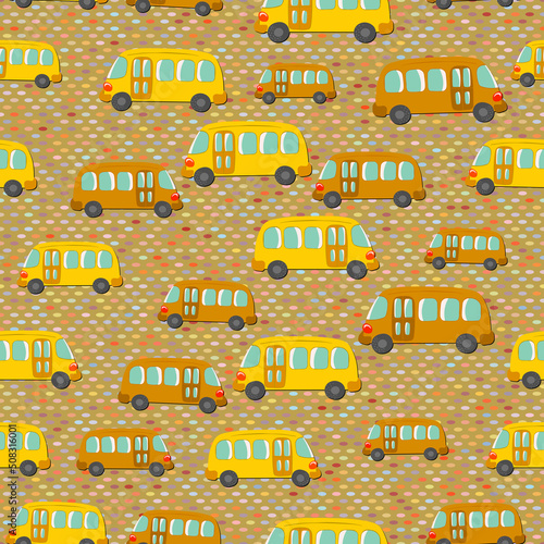 Seamless pattern with cute bus, car on color background. Cartoot transport. Vector illustration. Doodle style. Design for baby print, invitation, poster, card, fabric, textile