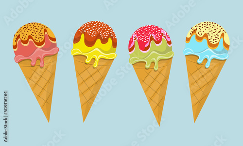 A set of ice cream in a waffle cone with toppings. Strawberry, ruspberry, citrus, pistachio. Sweets vector illustration on isolated blue background for banner, poster, advertisement, summer sticker.