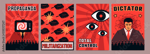 Tela A set of placards in red and black style: propaganda, total control, dictator, militarism