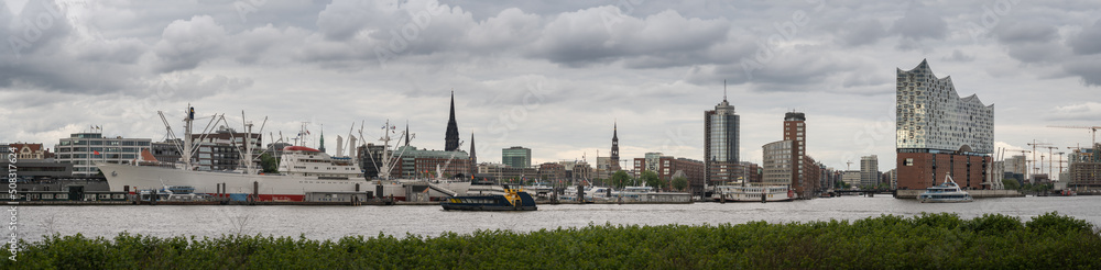 Panorama of Hamburg skyline in cloudy weather