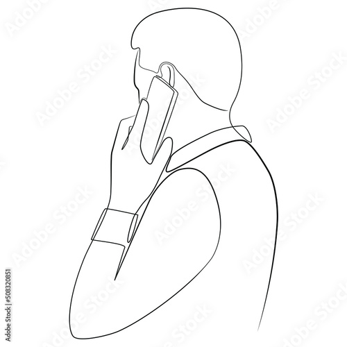 Man talking on the phone one line drawing on white isolated background