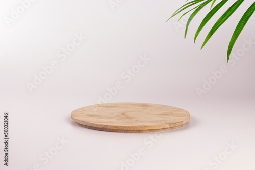 Empty round wooden platform, presentation for your product, round podium and green tropical palm branch on pastel light background.