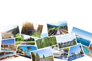 Set of travel photos on white background with space for text