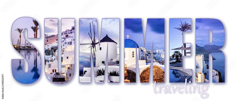 Collage with word SUMMER and modern sea resort on white background