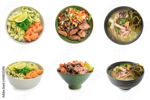 Set of bowls with tasty Chinese food on white background photo