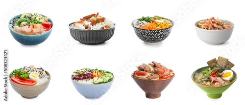 Set of bowls with tasty Chinese food on white background