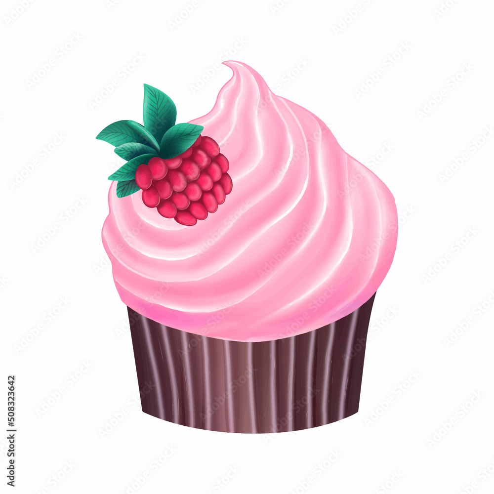 illustration of tasty cupcake with pink cream and strawberry isolated on white background. Vector illustration illustration of tasty cupcake with pink cream and strawberry isolated on white background. Vector illustration