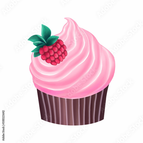 illustration of tasty cupcake with pink cream and strawberry isolated on white background. Vector illustration 