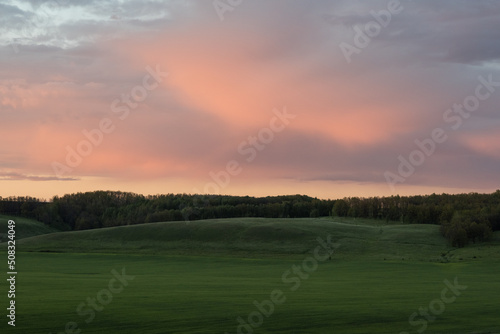 Peaceful landscape with pink dusk clouds and green fields