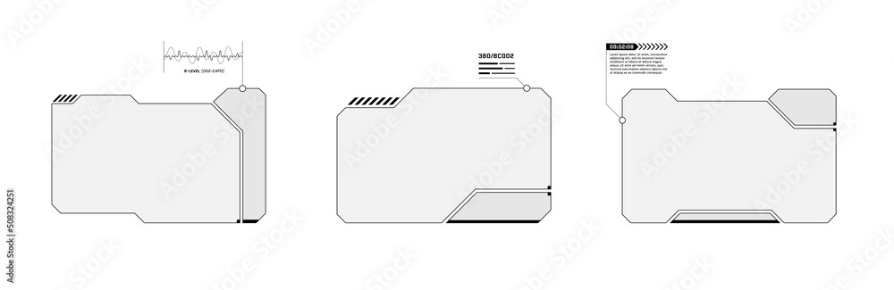 HUD digital futuristic user interface horizontal frame set. Sci Fi high tech screens. Gaming menu touching cyber monitoring dashboard panels. Head-up display technology empty menu windows concept. Eps