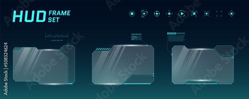 HUD digital futuristic user interface horizontal frame set. Sci Fi high tech screens. Gaming menu touching monitoring dashboard panels. Cyber space head-up display technology information sign concept