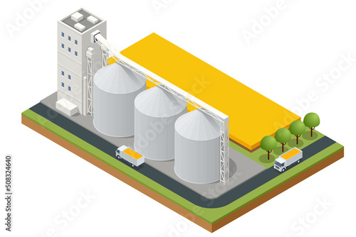 Isometric Grain elevator silos. Transrportation of agricultural products. Corn dryer silos, inland grain terminal. Grain elevators standing in a field