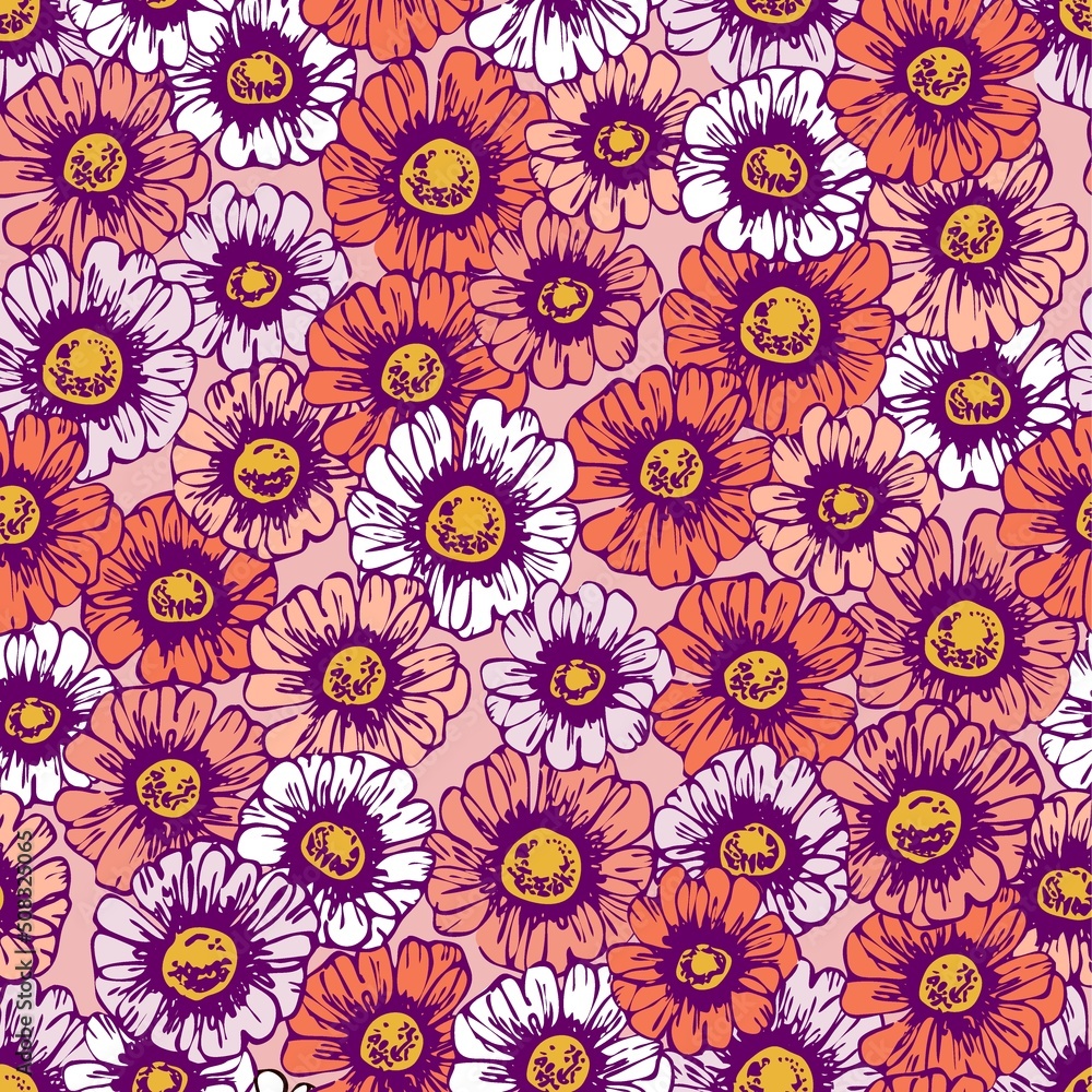 Chamomile hand draw flowers and petals line art seamless pattern. Summer flowers pattern. Monochrome seamless vector chamomile flowers pattern. Vector seamless line art pattern. Chamomile hand draw flowers and petals line art seamless pattern. Summer flowers pattern. Monochrome seamless vector chamomile flowers pattern. Vector seamless line art pattern.