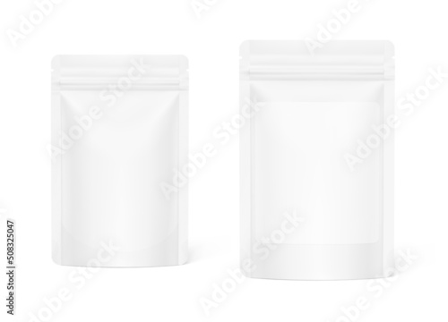 Pouch bags with label isolated on white background. Vector illustration. Front view. Can be use for template your design, presentation, promo, ad. EPS10.	
