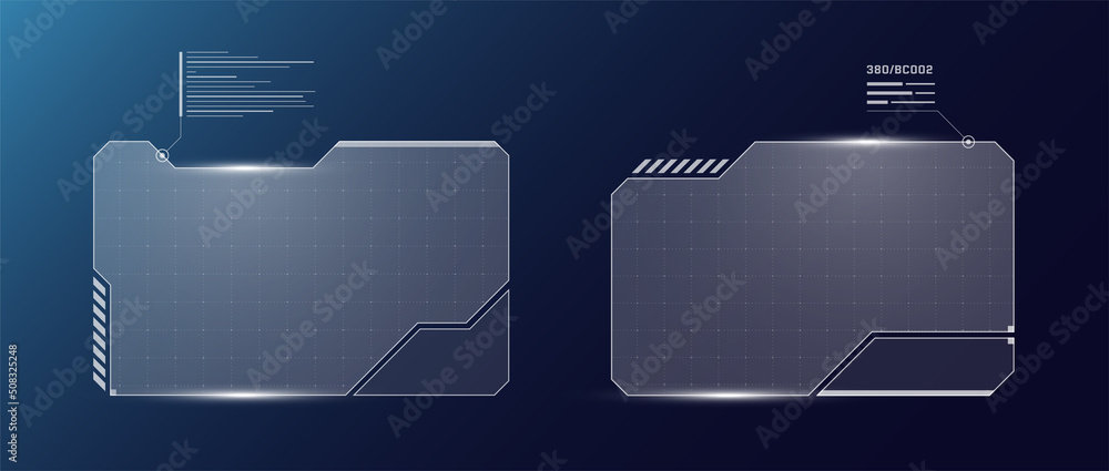 HUD digital futuristic user interface horizontal frame set. Sci Fi high tech screens. Gaming menu touching cyberpunk monitoring dashboard panels. Cyberspace head-up display information vector eps sign