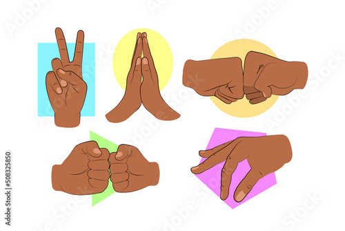 Set de stickers de gestos o señas con manos. Vector. Señas comunes con las manos como seña de victoria o paz, rezar, chocar puño, golpear y sujetar.