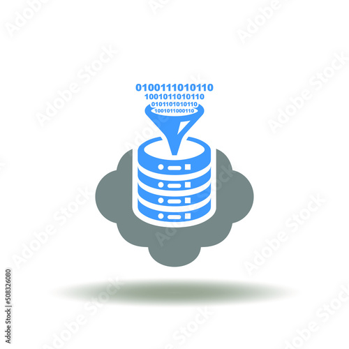 Vector illustration of cloud with server and digital funnel. Icon of digital transformation. Symbol of processing big data. Sign of cloud computing.