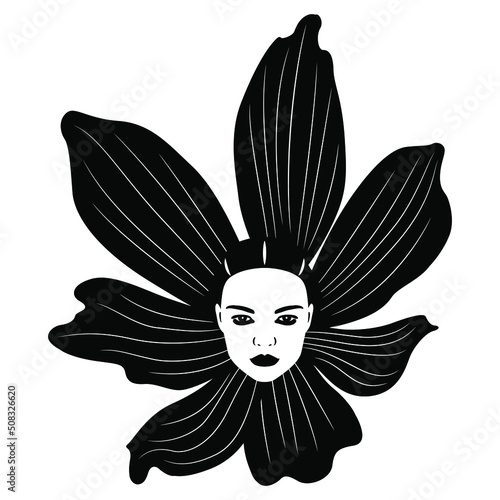 Female head as a pretty flower. Creative beauty concept. Fantastic floral design. Black and white silhouette.