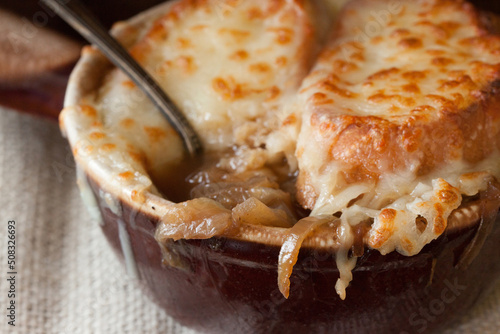 Canvas Print Close Up Crock of French Onion Soup