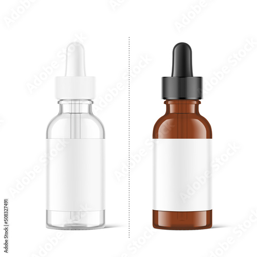 Dropper bottle mockup isolated on white background. Vector illustration. Front view. Сan be used for cosmetic, medical and other needs. EPS10.