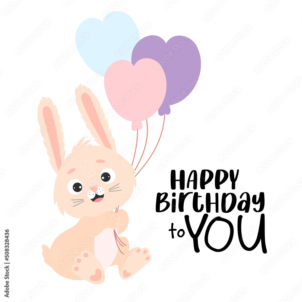 Cute bunny with balloons - Happy birthday to you. Vector illustration. Happy birthday greeting card with Rabbit character. For design, decor, print, postcards. Cute bunny with balloons - Happy birthday to you. Vector illustration. Happy birthday greeting card with Rabbit character. For design, decor, print, postcards.